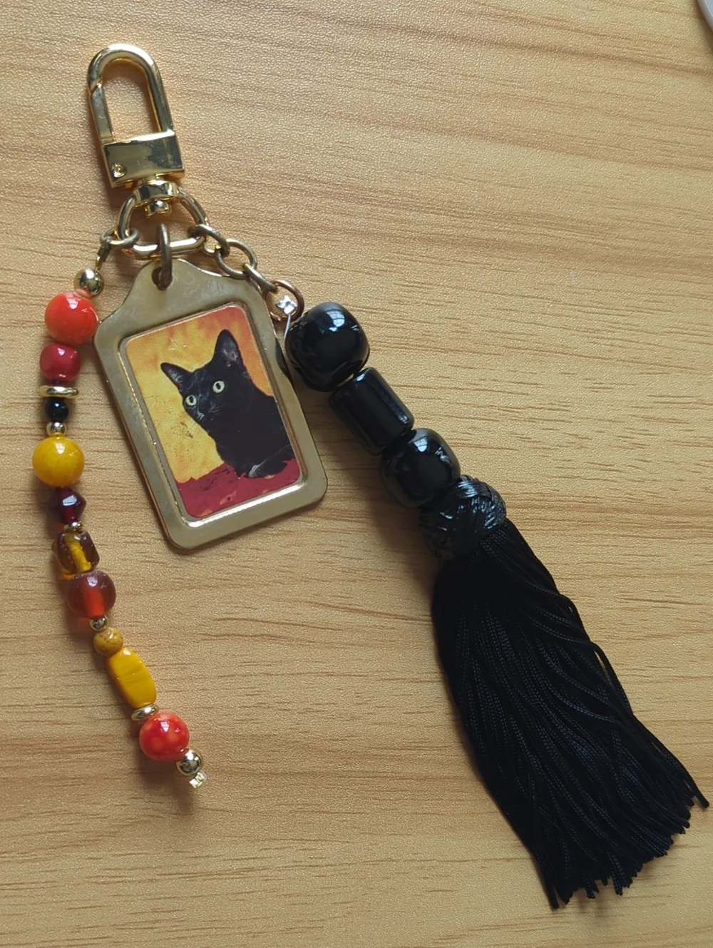 Black Cat Bag Charm Keychain with Gold Hardware